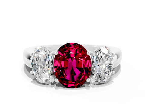 White gold Oval Cut Garnet Three-Stone Ring with Four-Prong Setting and Classic Band