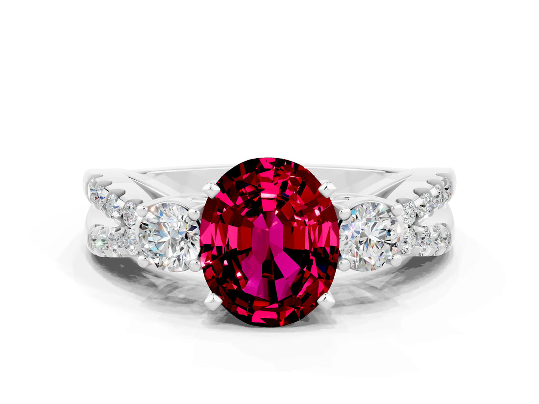 White gold Oval Cut Garnet Three-Stone Ring with Pavé Split Shank and Four-Prong Setting_12