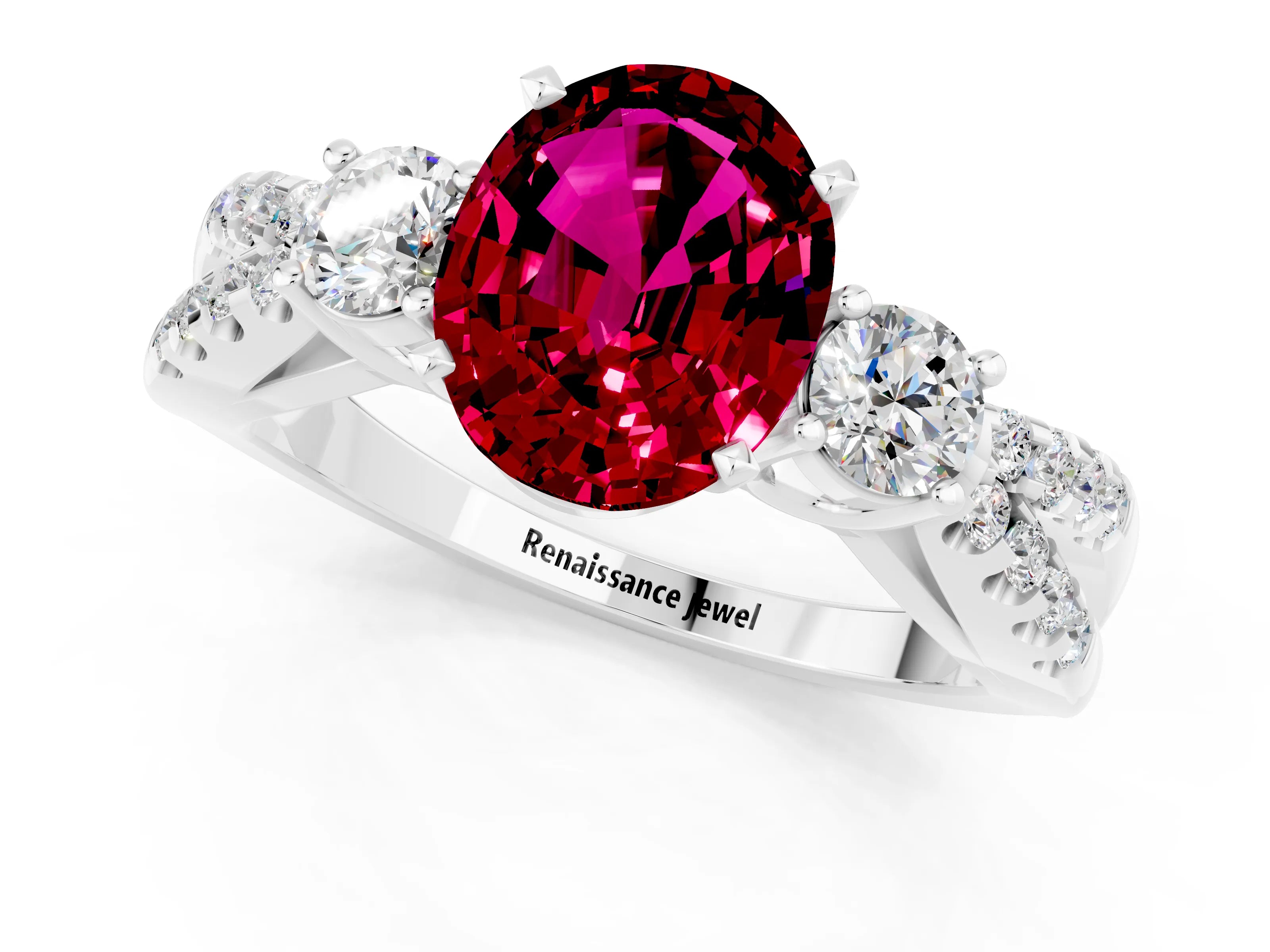 White gold Oval Cut Garnet Three-Stone Ring with Pavé Split Shank and Four-Prong Setting_13