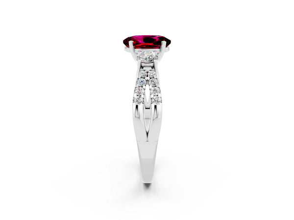 Silver Oval Cut Garnet Three-Stone Ring with Pavé Split Shank and Four-Prong Setting