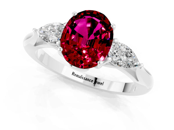 Silver Oval Cut Garnet Three-Stone Ring with Pear  Side Stones and Prong Setting