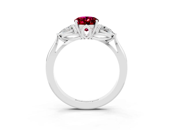 Silver Oval Cut Garnet Three-Stone Ring with Pear  Side Stones and Prong Setting