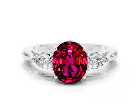 White gold Oval Cut Garnet Three-Stone Ring with Pear Side Stones and Four-Prong Setting_46