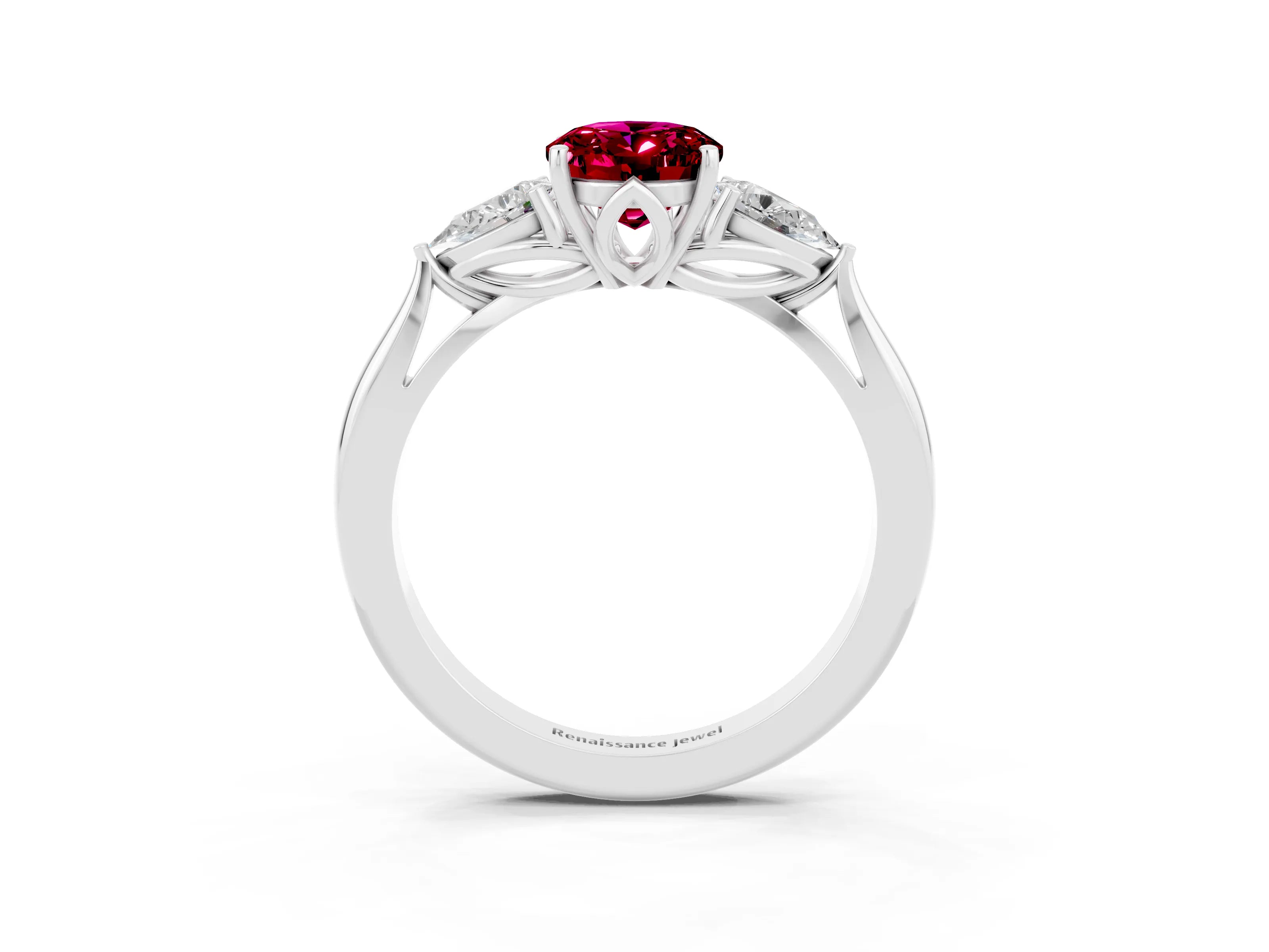 White gold Oval Cut Garnet Three-Stone Ring with Pear Side Stones and Four-Prong Setting_49