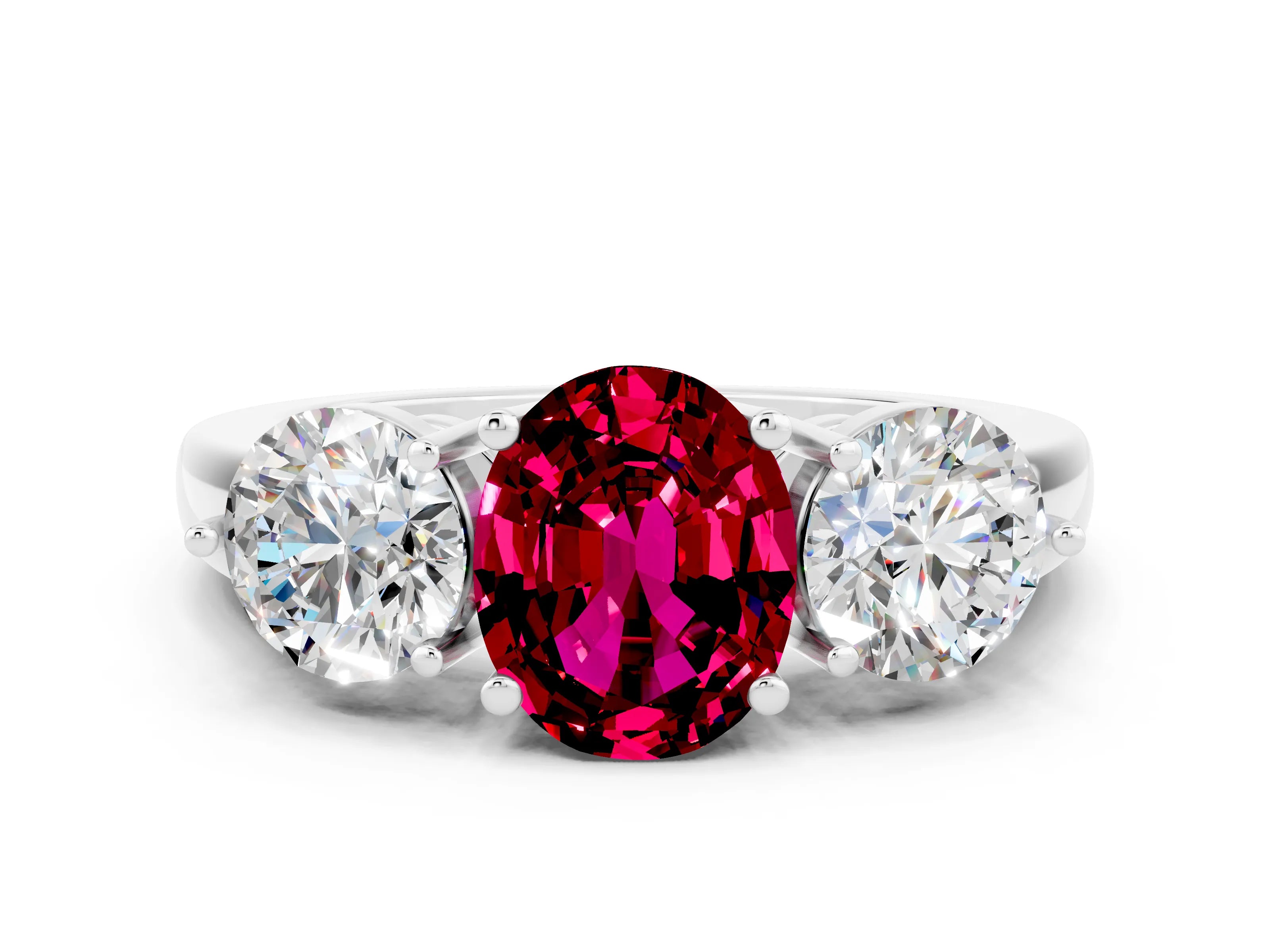 White gold Oval Cut Garnet Three-Stone Ring with Prong Setting and Classic Band