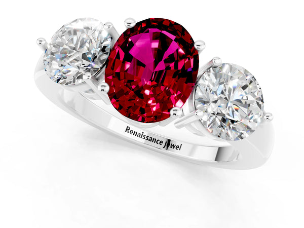 Platinum Oval Cut Garnet Three-Stone Ring with Prong Setting and Classic Band