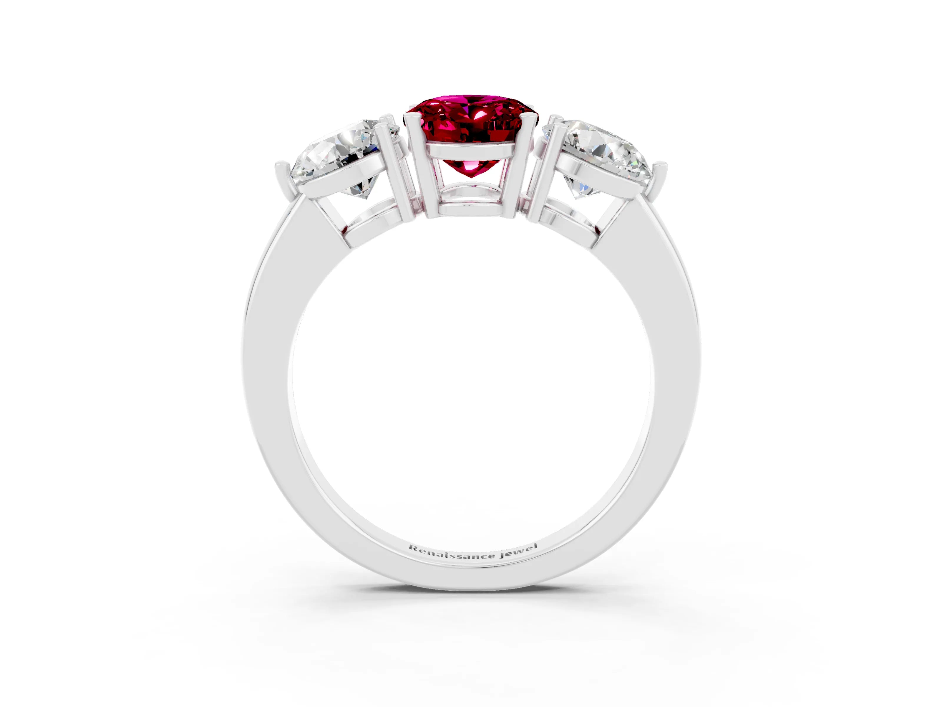 White gold Oval Cut Garnet Three-Stone Ring with Prong Setting and Classic Band_3