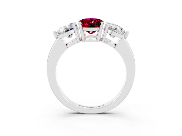 Silver Oval Cut Garnet Three-Stone Ring with Prong Setting and Classic Band