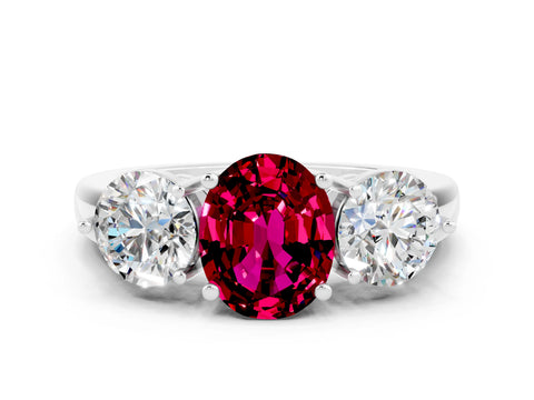 White gold Oval Cut Garnet Three-Stone Ring with Prong Setting and Classic Band
