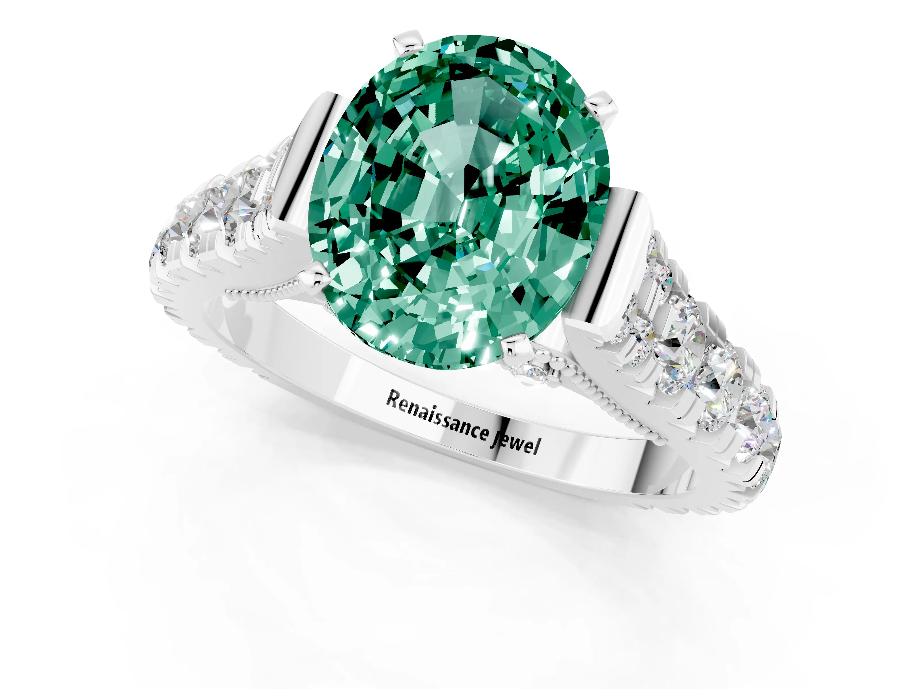 White gold Oval Cut Green Sapphire Classic Solitaire Ring with Pavé Band and Four-Prong Setting_1