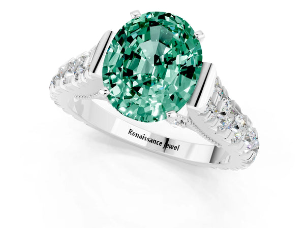 Silver Oval Cut Green Sapphire Classic Solitaire Ring with Pavé Band and Four-Prong Setting