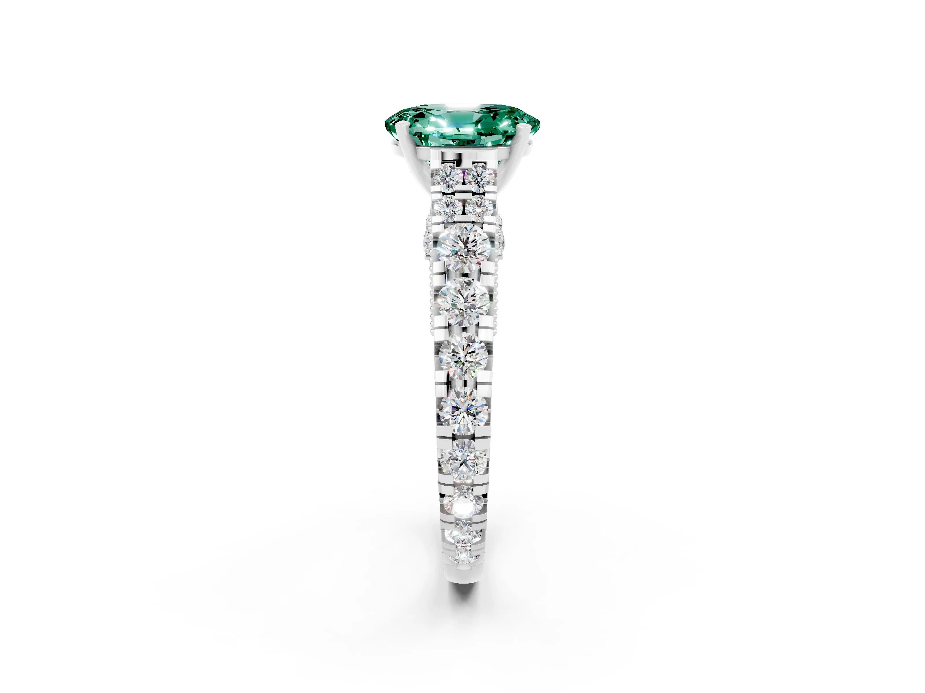 White gold Oval Cut Green Sapphire Classic Solitaire Ring with Pavé Band and Four-Prong Setting_2