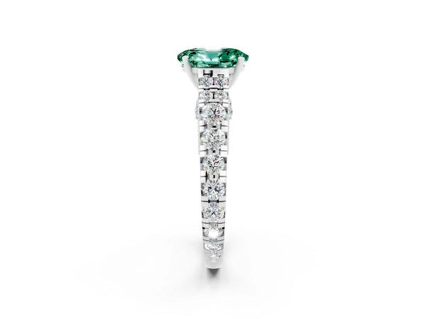 Silver Oval Cut Green Sapphire Classic Solitaire Ring with Pavé Band and Four-Prong Setting