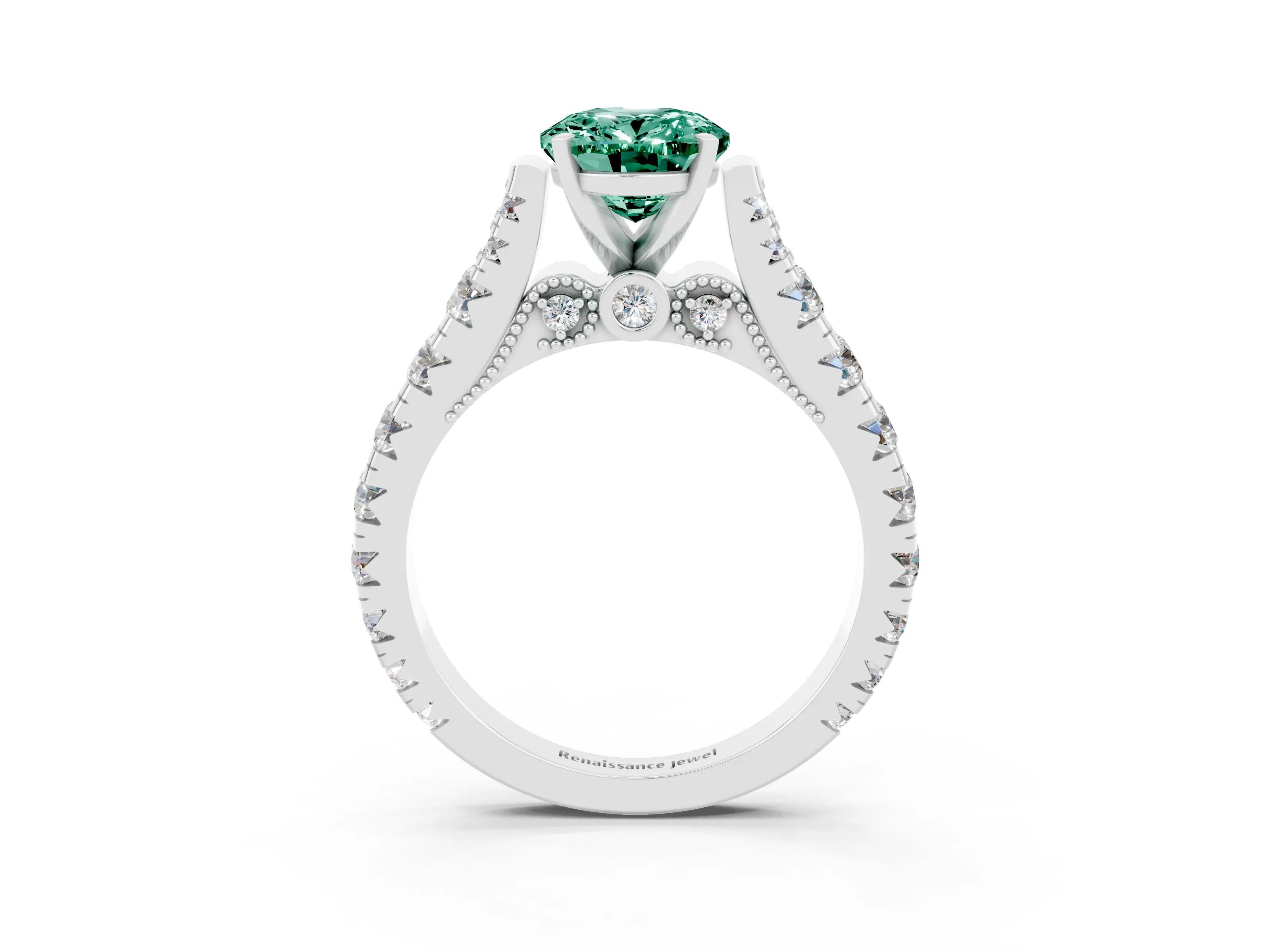 White gold Oval Cut Green Sapphire Classic Solitaire Ring with Pavé Band and Four-Prong Setting_3