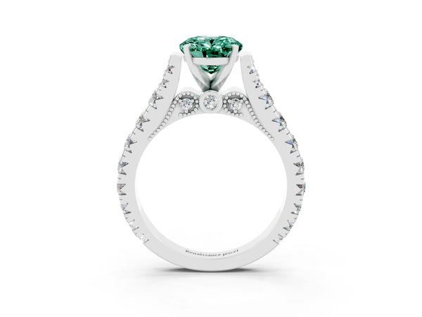 White gold Oval Cut Green Sapphire Classic Solitaire Ring with Pavé Band and Four-Prong Setting