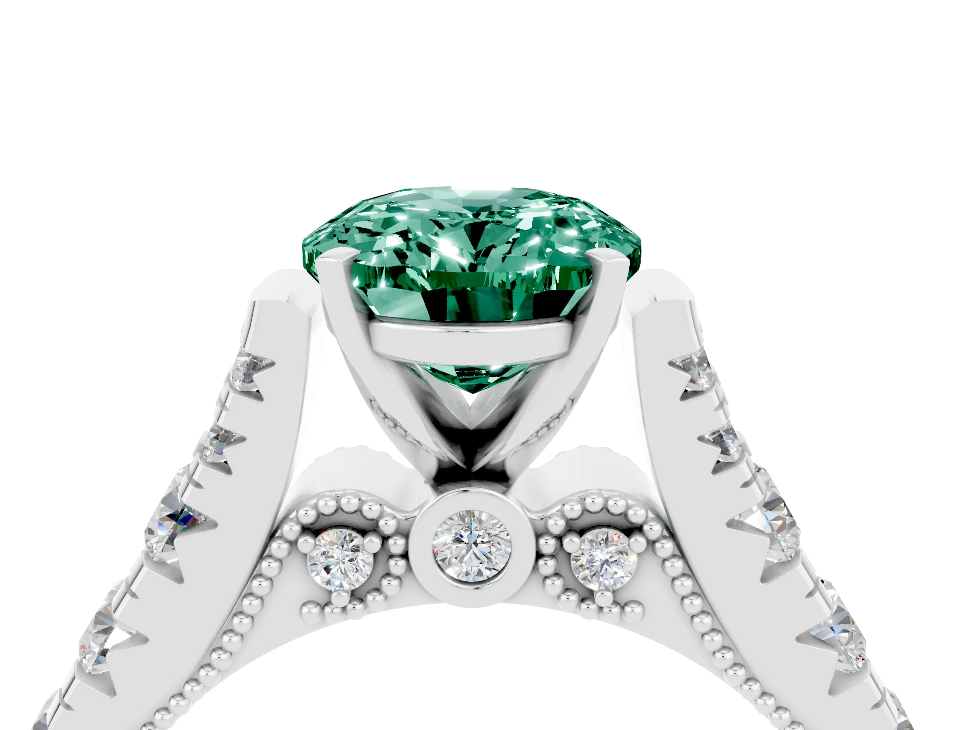 White gold Oval Cut Green Sapphire Classic Solitaire Ring with Pavé Band and Four-Prong Setting_4
