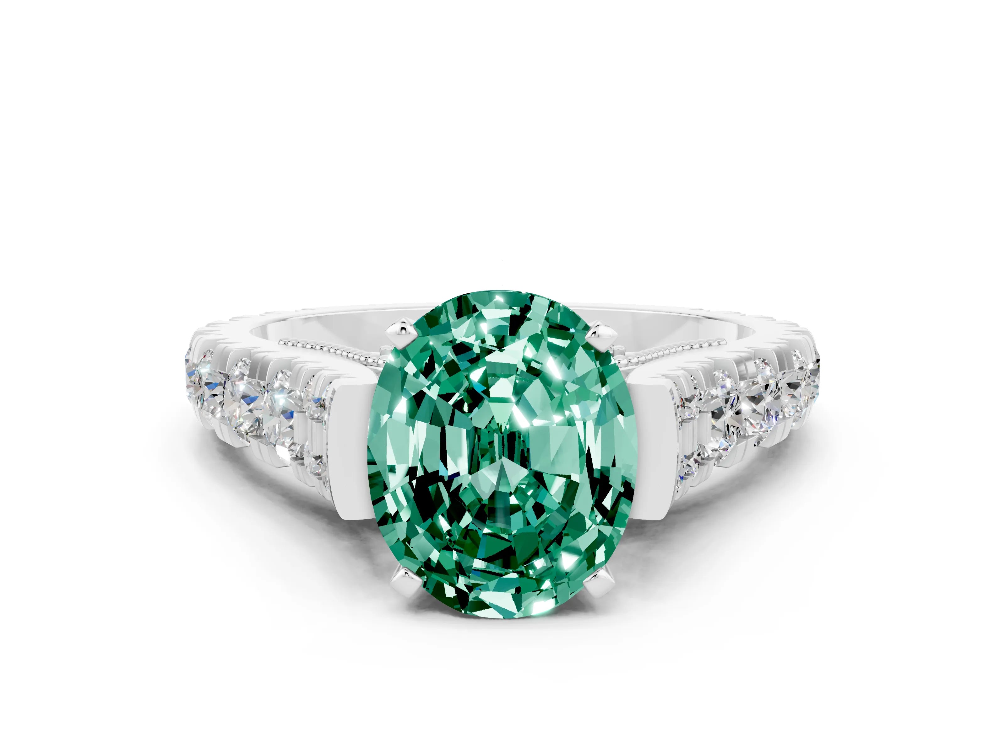 White gold Oval Cut Green Sapphire Classic Solitaire Ring with Pavé Band and Four-Prong Setting