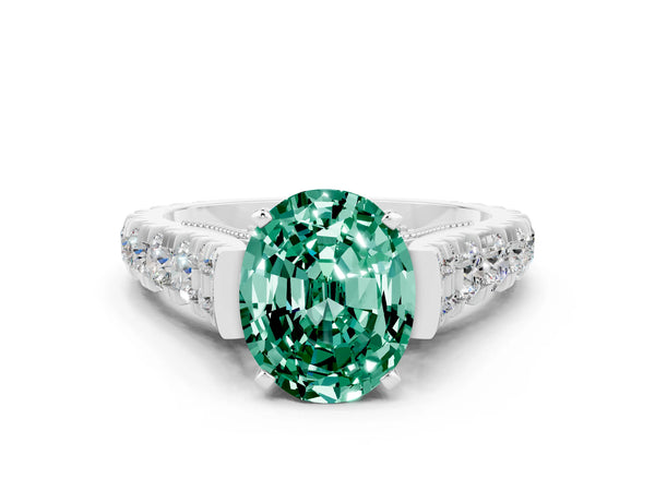 Silver Oval Cut Green Sapphire Classic Solitaire Ring with Pavé Band and Four-Prong Setting