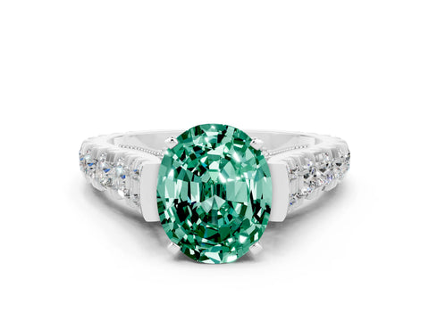White gold Oval Cut Green Sapphire Classic Solitaire Ring with Pavé Band and Four-Prong Setting