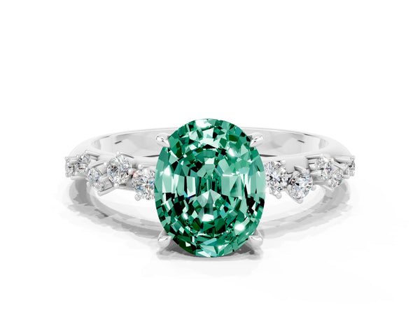 White gold Oval Cut Green Sapphire Cluster Side Stone Solitaire Ring with Prong Setting