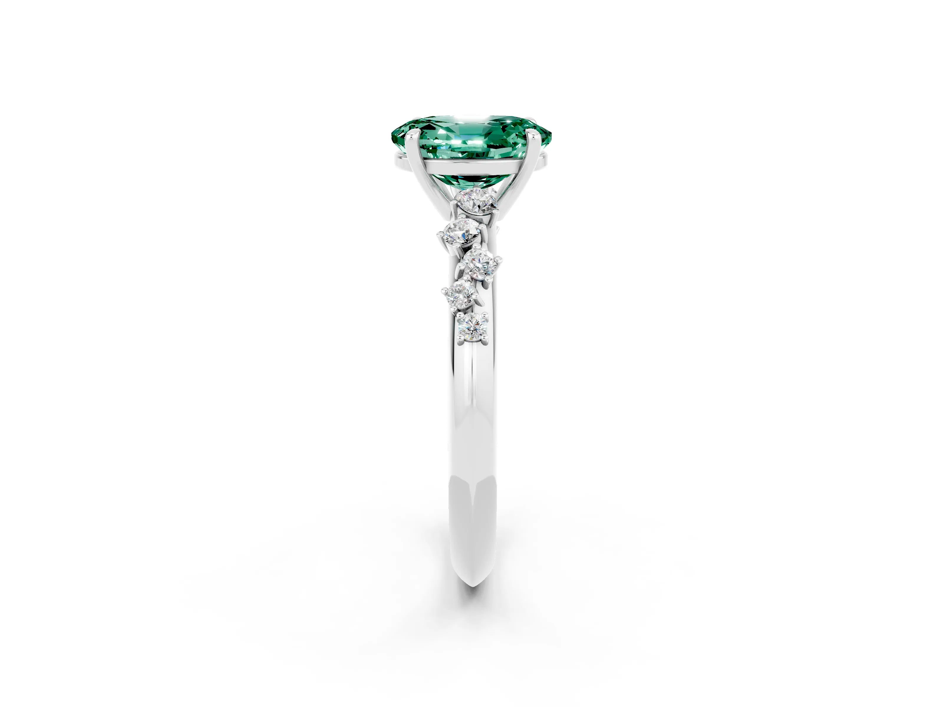 White gold Oval Cut Green Sapphire Cluster Side Stone Solitaire Ring with Prong Setting_26