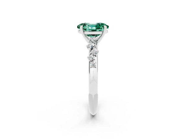 Silver Oval Cut Green Sapphire Cluster Side Stone Solitaire Ring with Prong Setting