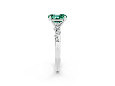 White gold Oval Cut Green Sapphire Cluster Side Stone Solitaire Ring with Prong Setting_26