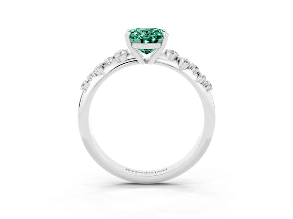 Silver Oval Cut Green Sapphire Cluster Side Stone Solitaire Ring with Prong Setting