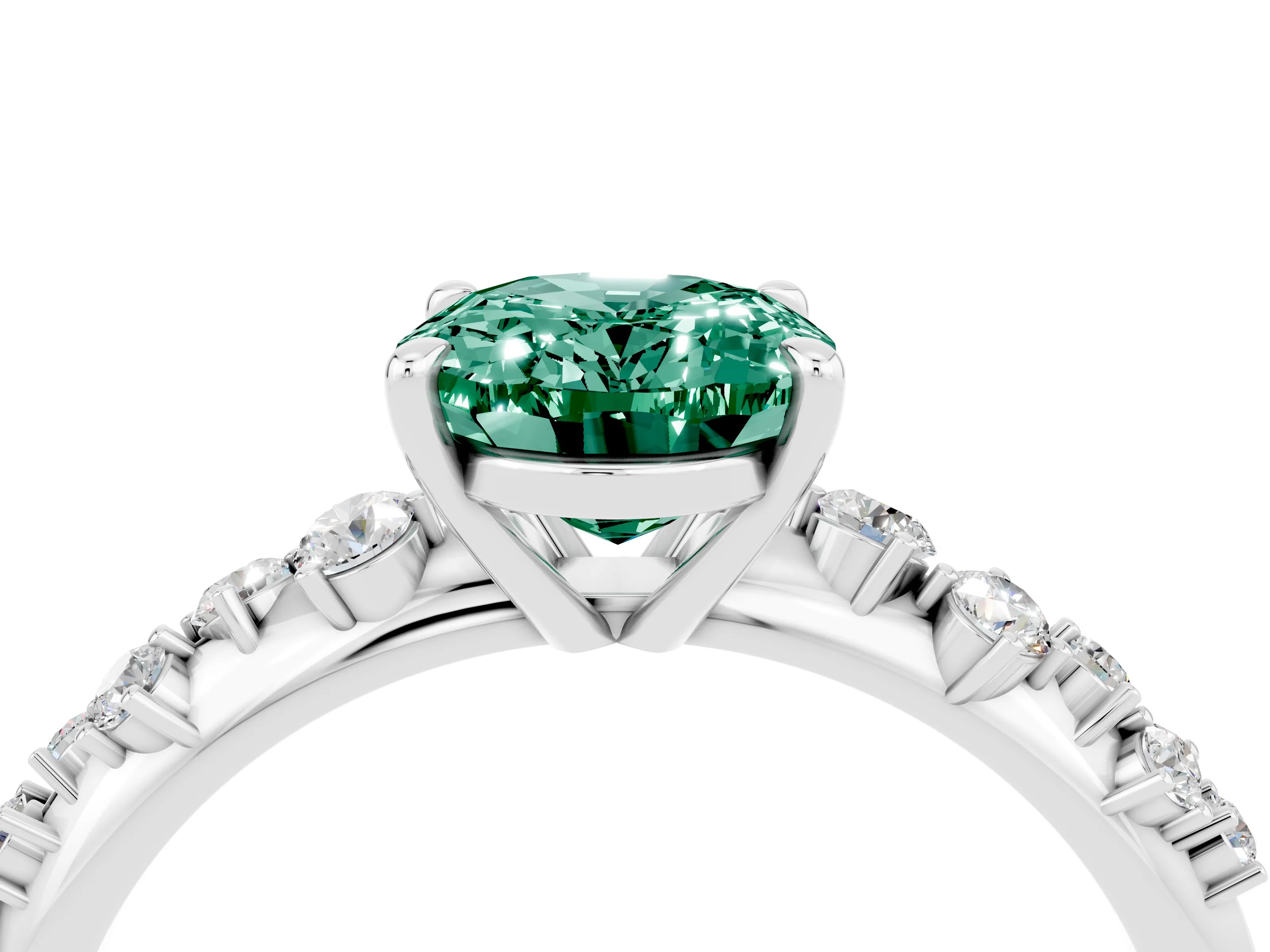 White gold Oval Cut Green Sapphire Cluster Side Stone Solitaire Ring with Prong Setting_28