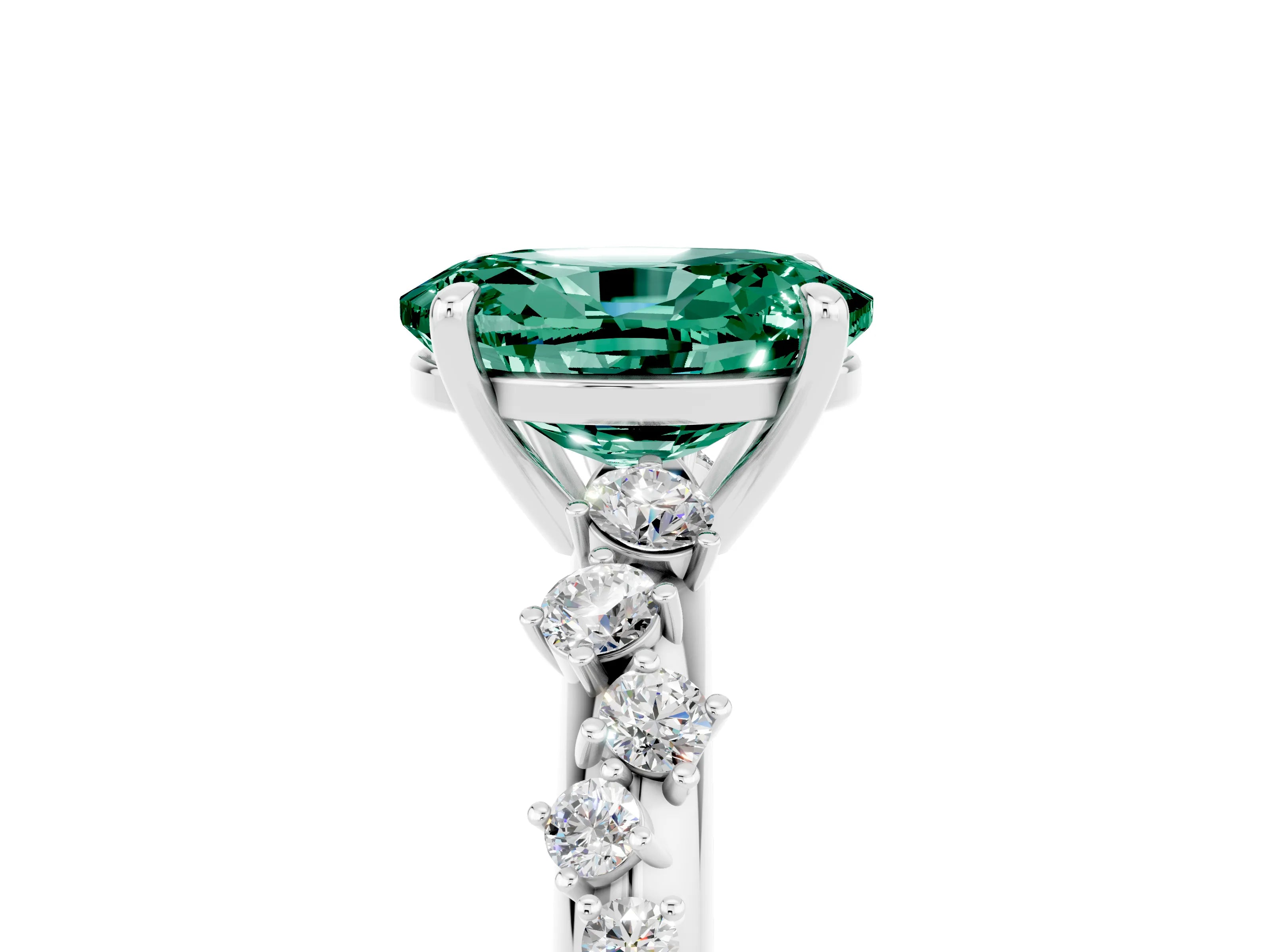 White gold Oval Cut Green Sapphire Cluster Side Stone Solitaire Ring with Prong Setting_29