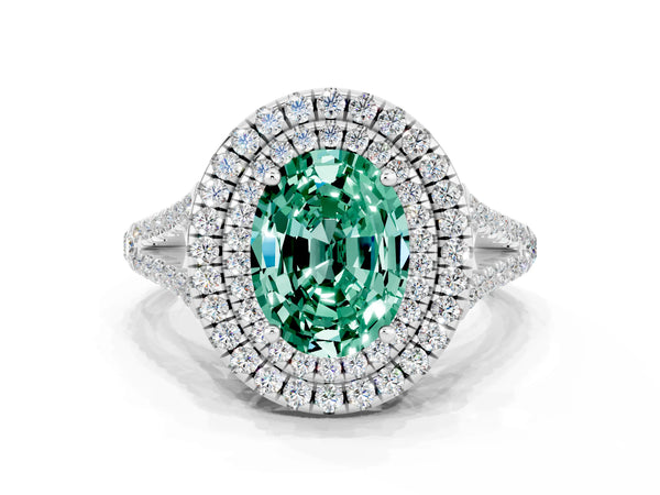 White gold Oval Cut Green Sapphire Double Halo Ring with Pavé Band and Prong Setting