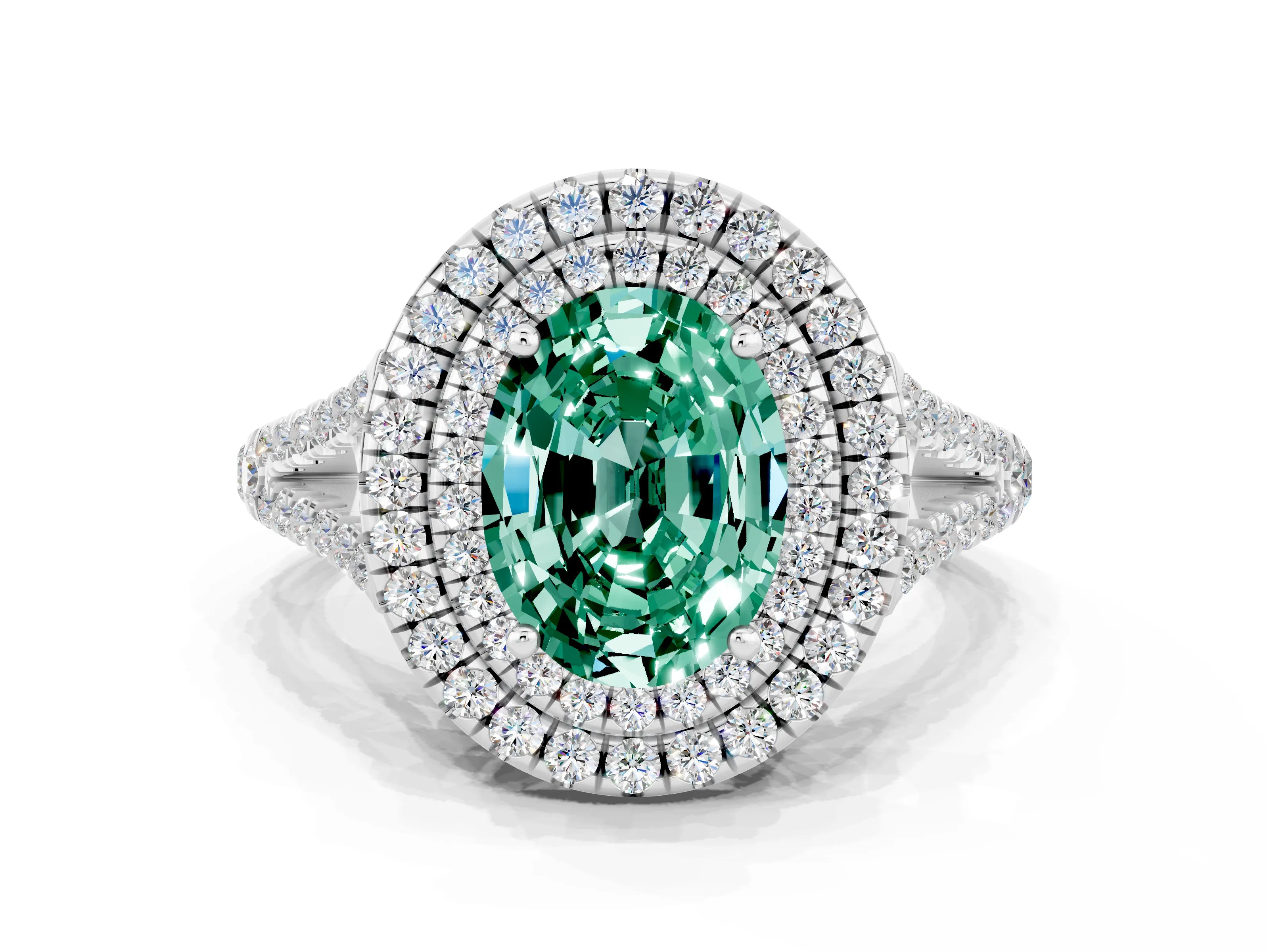 White gold Oval Cut Green Sapphire Double Halo Ring with Pavé Band and Prong Setting_12