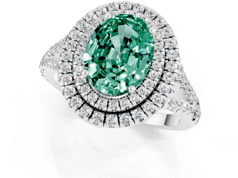 White gold Oval Cut Green Sapphire Double Halo Ring with Pavé Band and Prong Setting_13