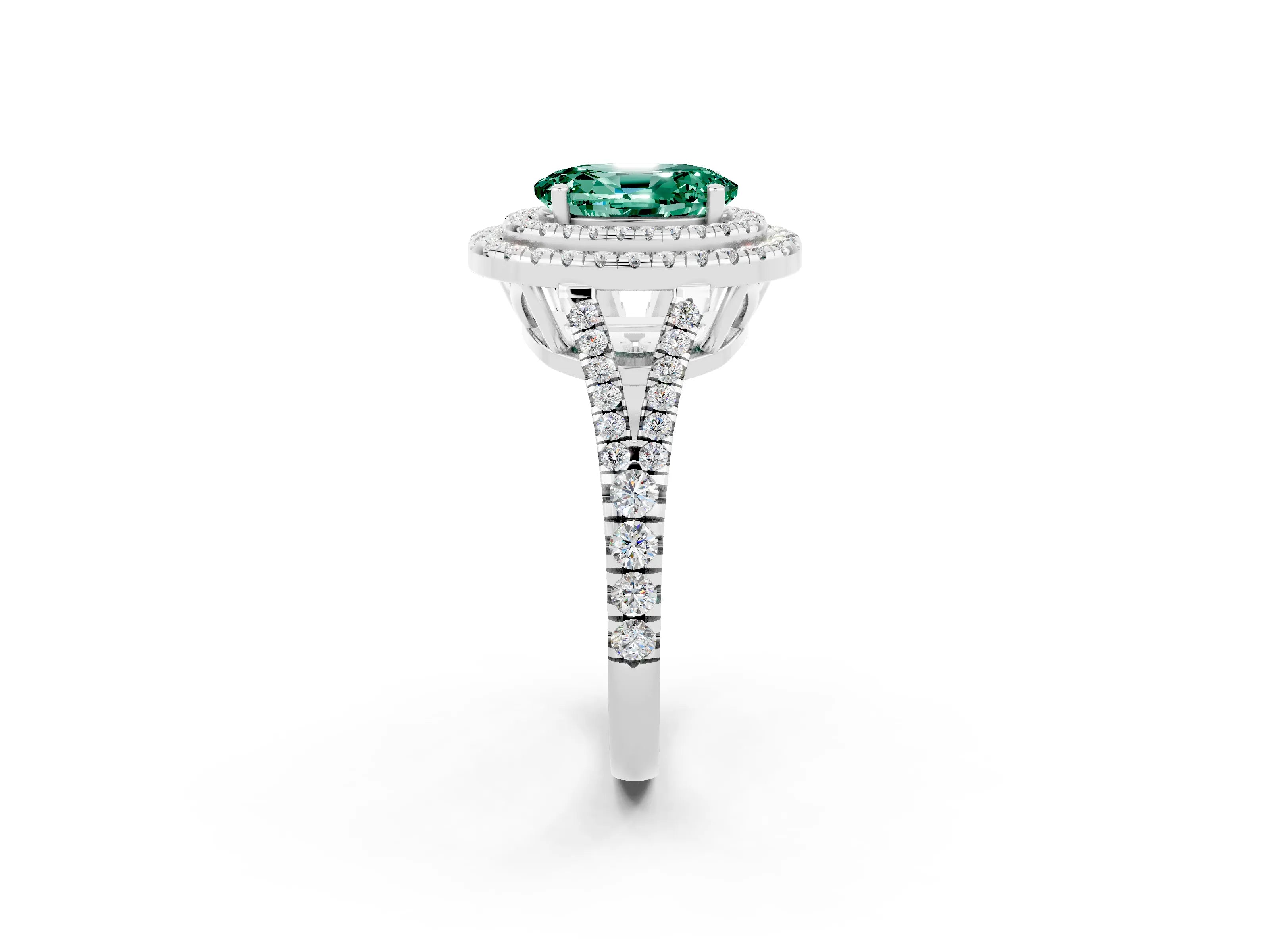 White gold Oval Cut Green Sapphire Double Halo Ring with Pavé Band and Prong Setting_14