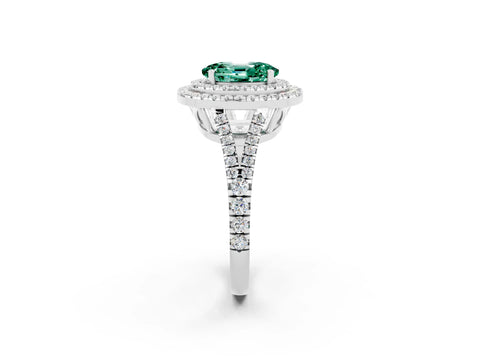 White gold Oval Cut Green Sapphire Double Halo Ring with Pavé Band and Prong Setting_14