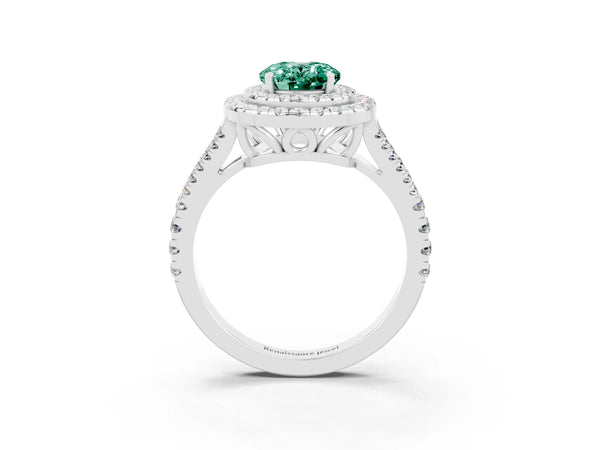 Silver Oval Cut Green Sapphire Double Halo Ring with Pavé Band and Prong Setting