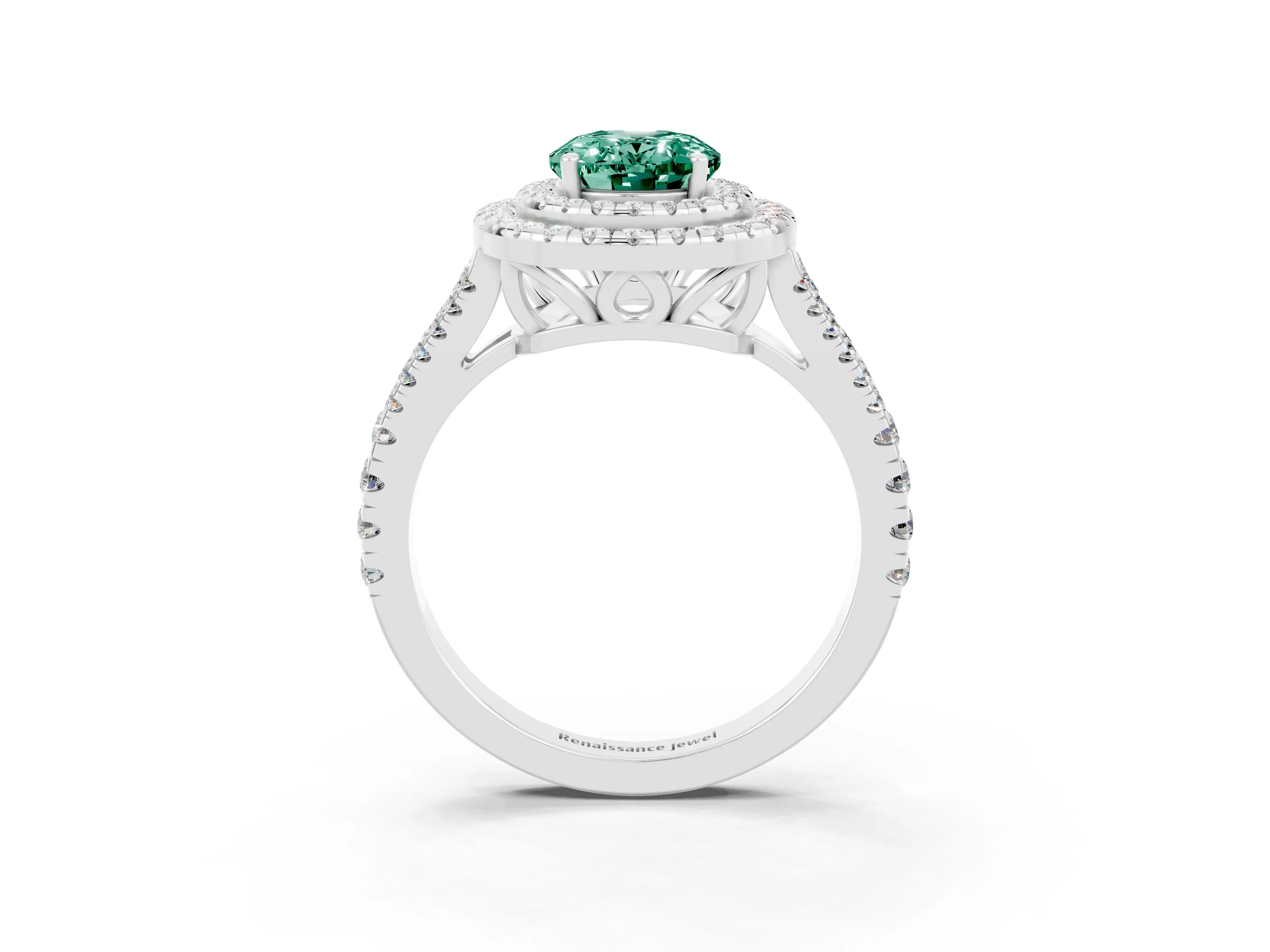 White gold Oval Cut Green Sapphire Double Halo Ring with Pavé Band and Prong Setting_15