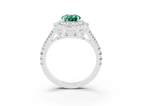 White gold Oval Cut Green Sapphire Double Halo Ring with Pavé Band and Prong Setting_15