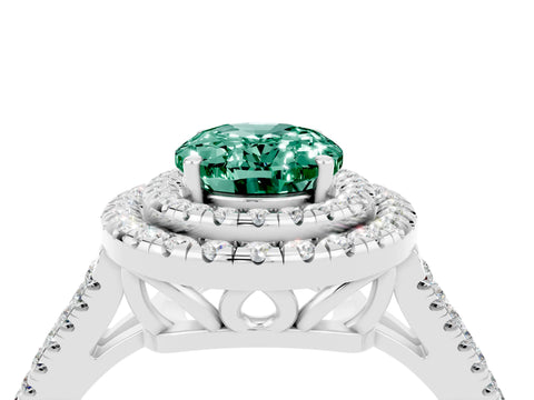 White gold Oval Cut Green Sapphire Double Halo Ring with Pavé Band and Prong Setting_16