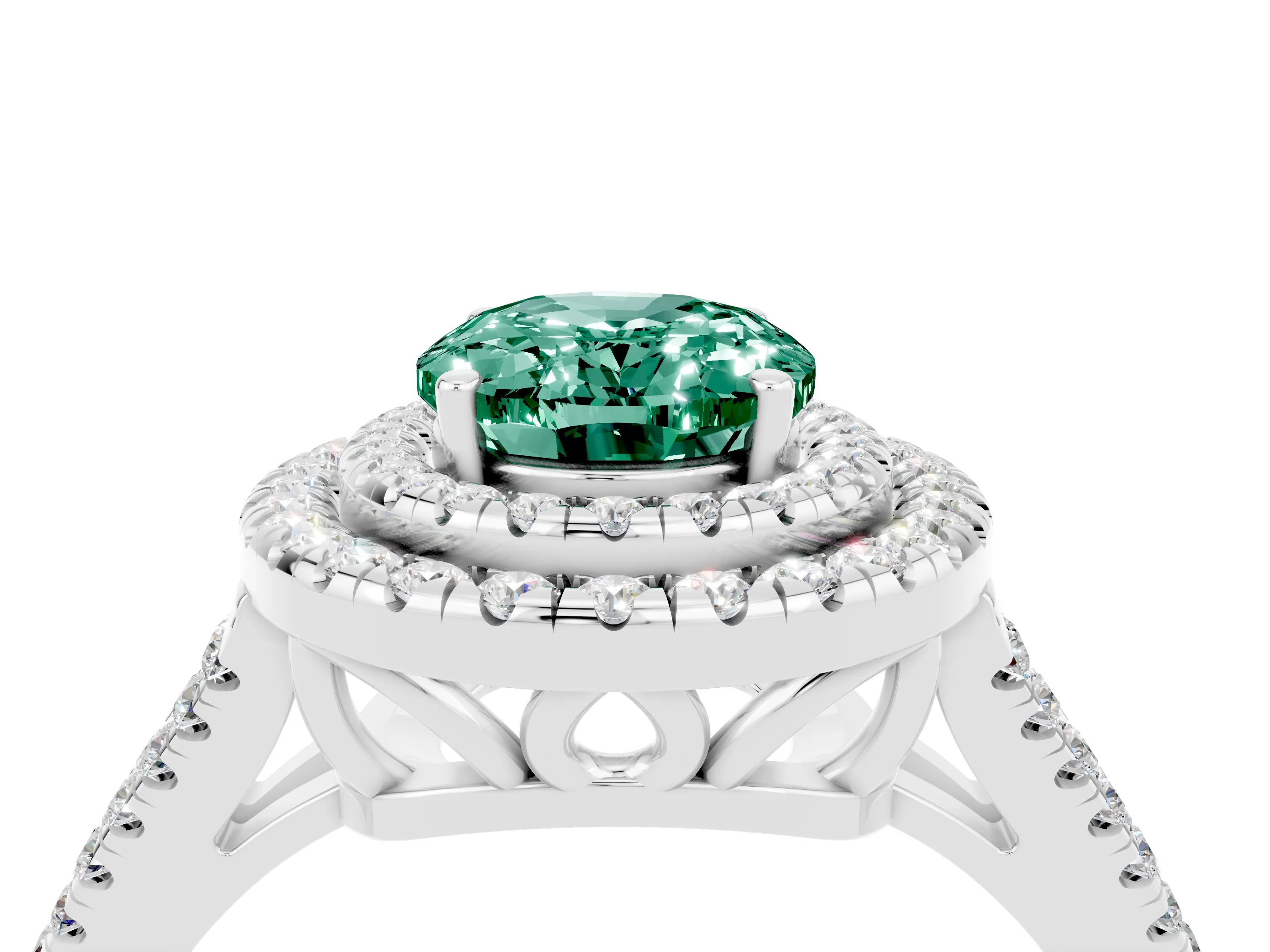 White gold Oval Cut Green Sapphire Double Halo Ring with Pavé Band and Prong Setting_16