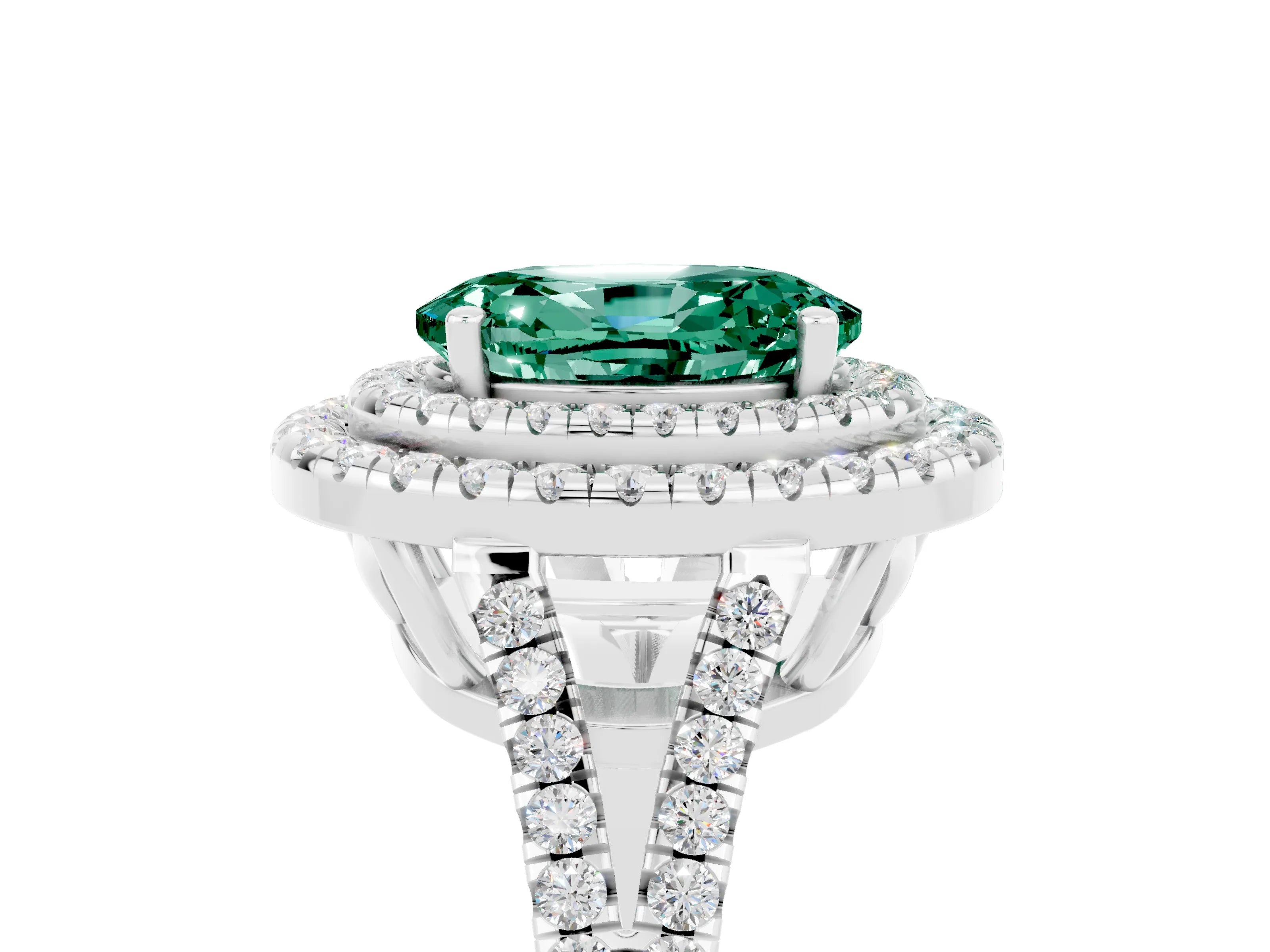 White gold Oval Cut Green Sapphire Double Halo Ring with Pavé Band and Prong Setting_17