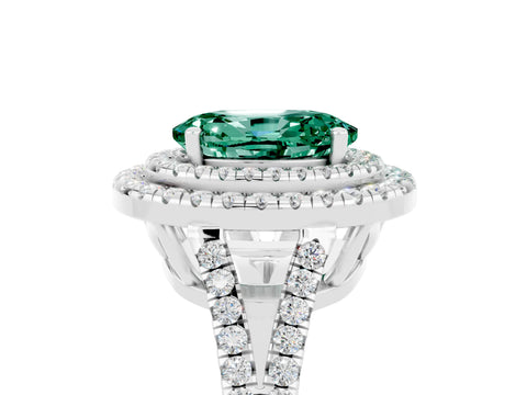 White gold Oval Cut Green Sapphire Double Halo Ring with Pavé Band and Prong Setting_17