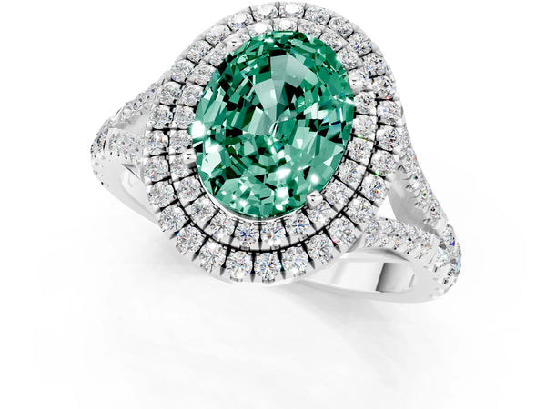 Platinum Oval Cut Green Sapphire Double Halo Ring with Split Shank and Prong Setting