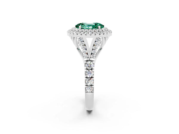 Silver Oval Cut Green Sapphire Double Halo Ring with Split Shank and Prong Setting