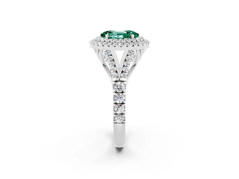 White gold Oval Cut Green Sapphire Double Halo Ring with Split Shank and Prong Setting_14