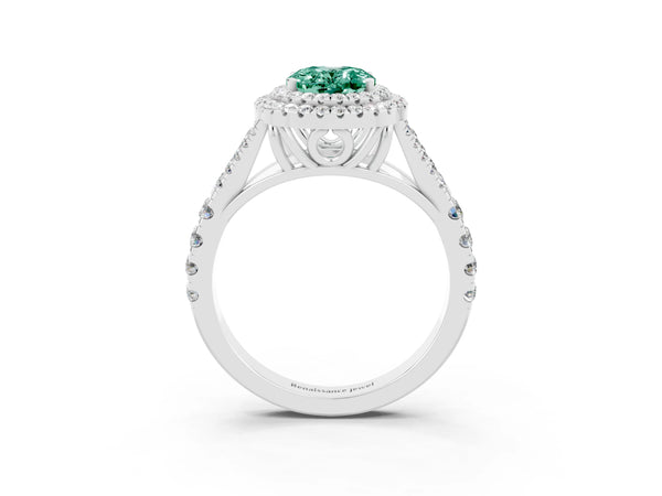 Platinum Oval Cut Green Sapphire Double Halo Ring with Split Shank and Prong Setting