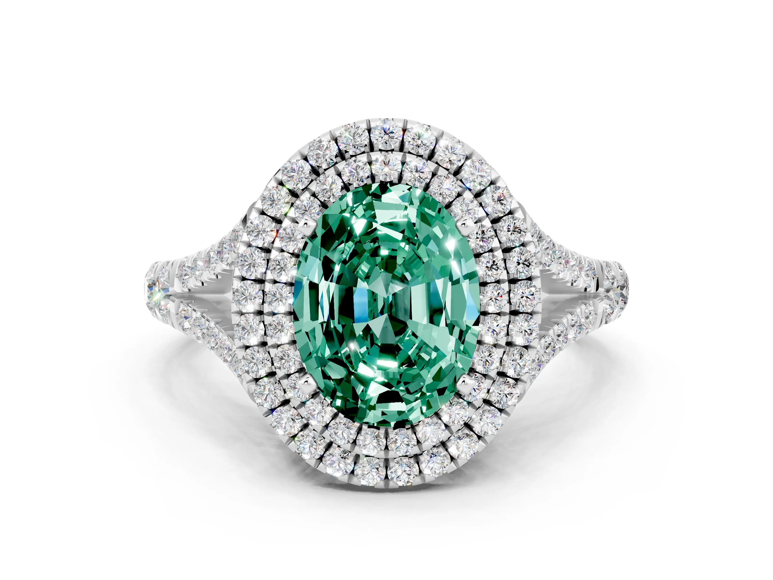 White gold Oval Cut Green Sapphire Double Halo Ring with Split Shank and Prong Setting_24