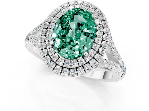 White gold Oval Cut Green Sapphire Double Halo Ring with Split Shank and Prong Setting_25