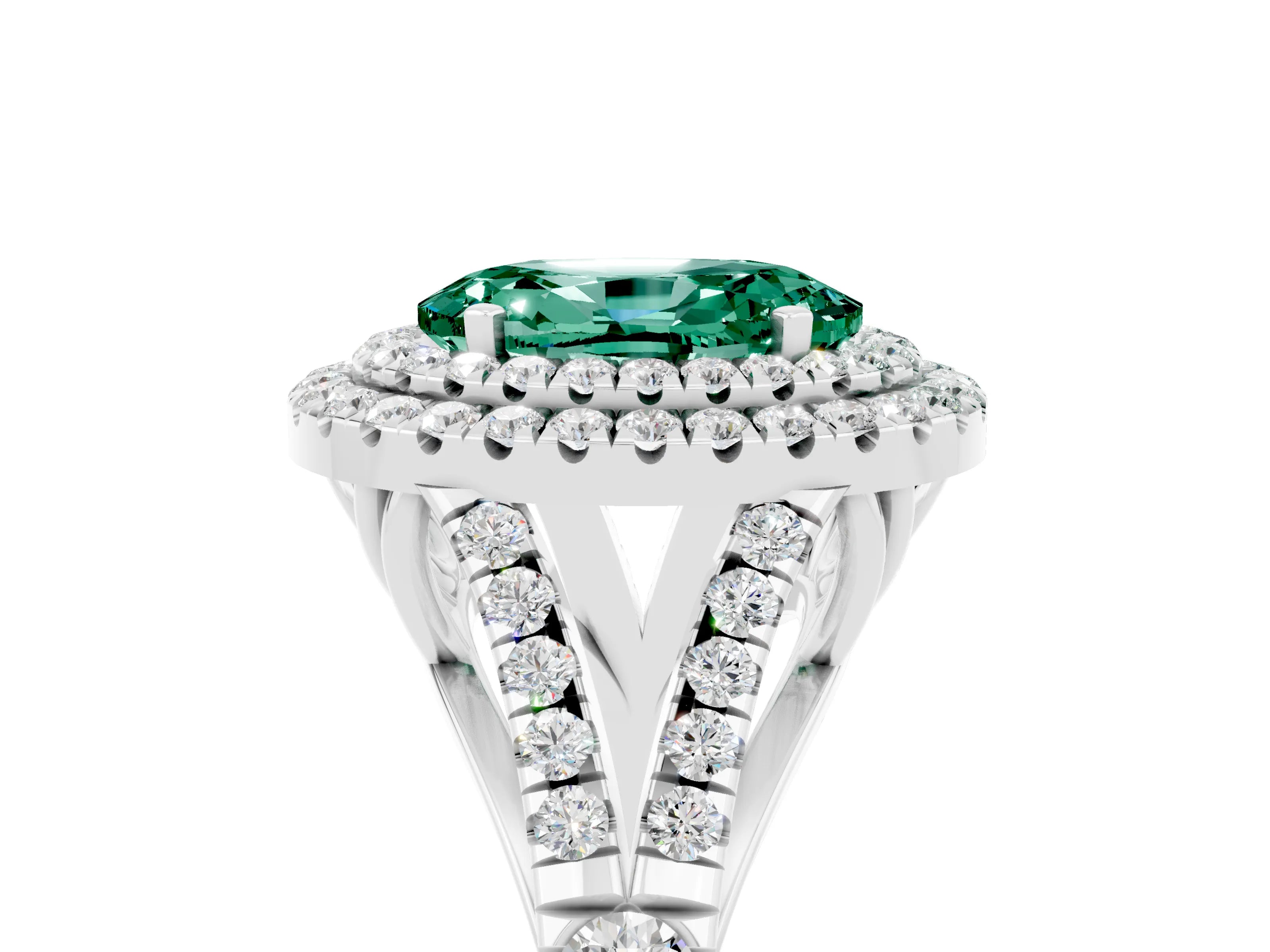White gold Oval Cut Green Sapphire Double Halo Ring with Split Shank and Prong Setting_29