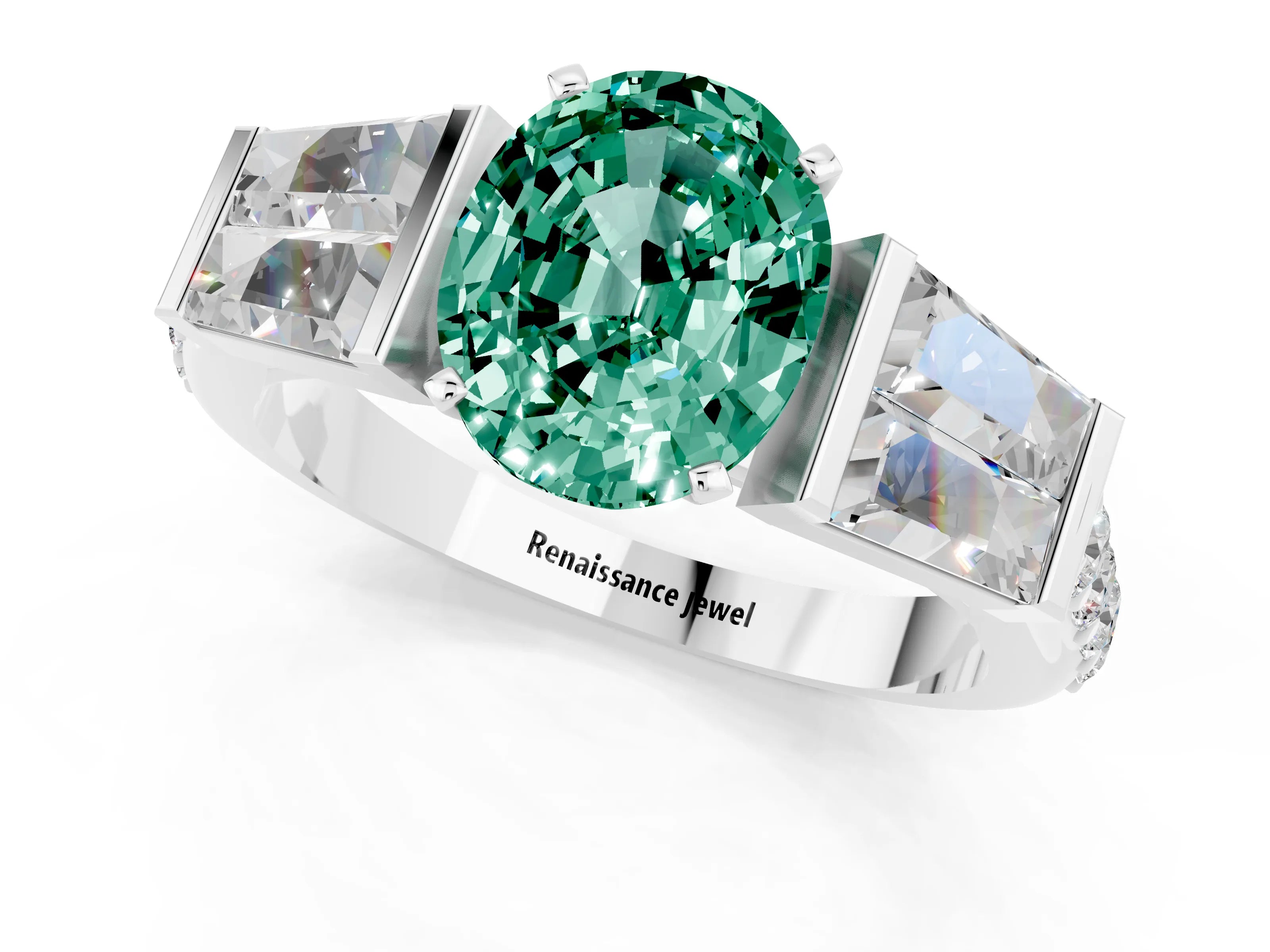 White gold Oval Cut Green Sapphire Engagement Ring with Baguette Side Stones and Channel Set Band_1